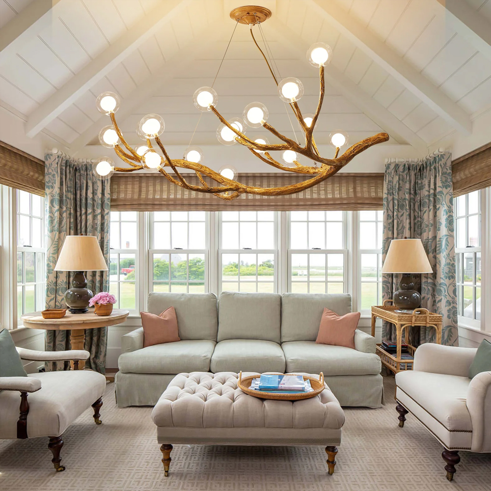 Nordic Rustic Tree Branch Hanging Chandelier with Bubble Glass lighting-Handwovenlamp