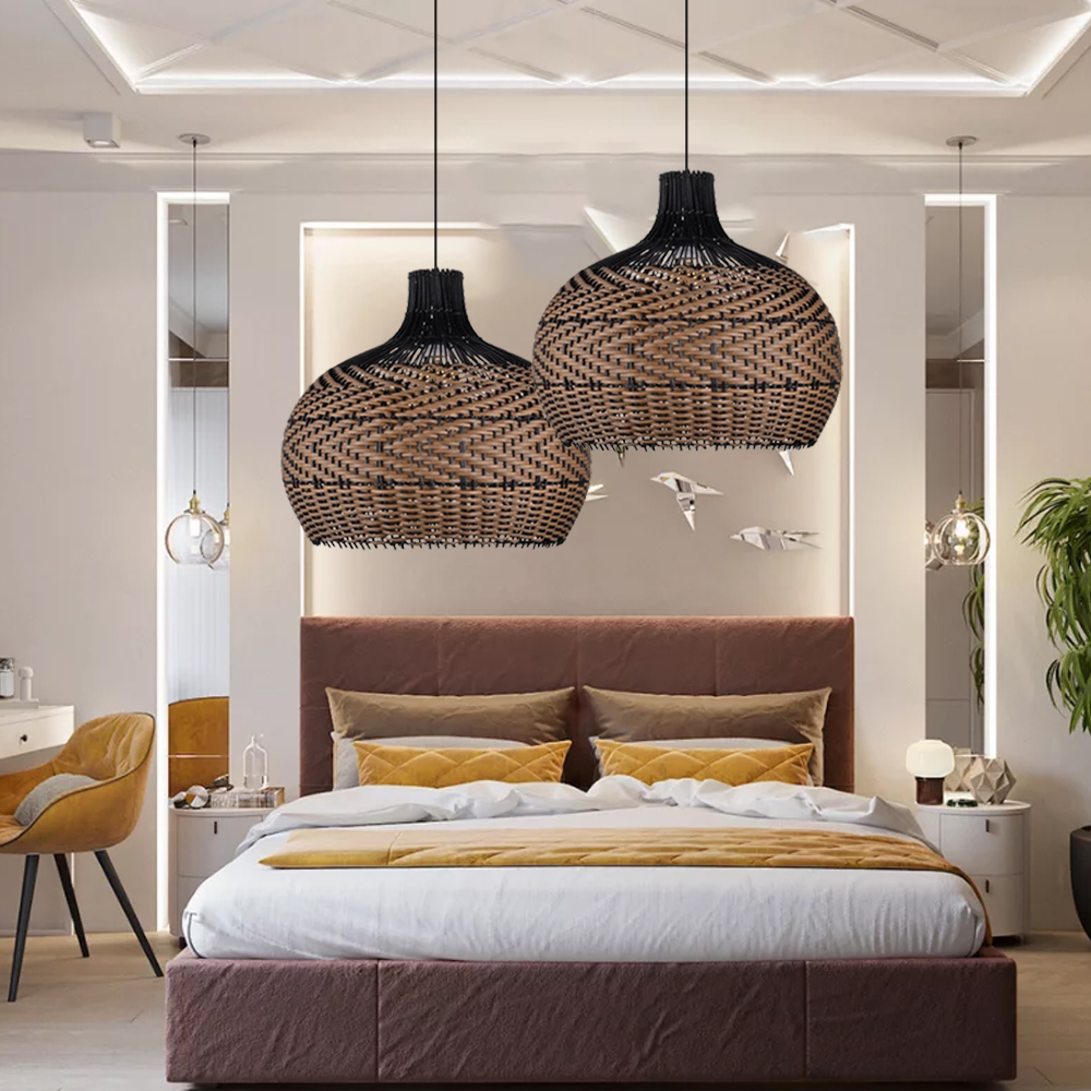 Black Rattan Hanging Lamp Fixture Wabi Sabi Farmhouse Retro Dining Room Chandelier-Handwovenlamp