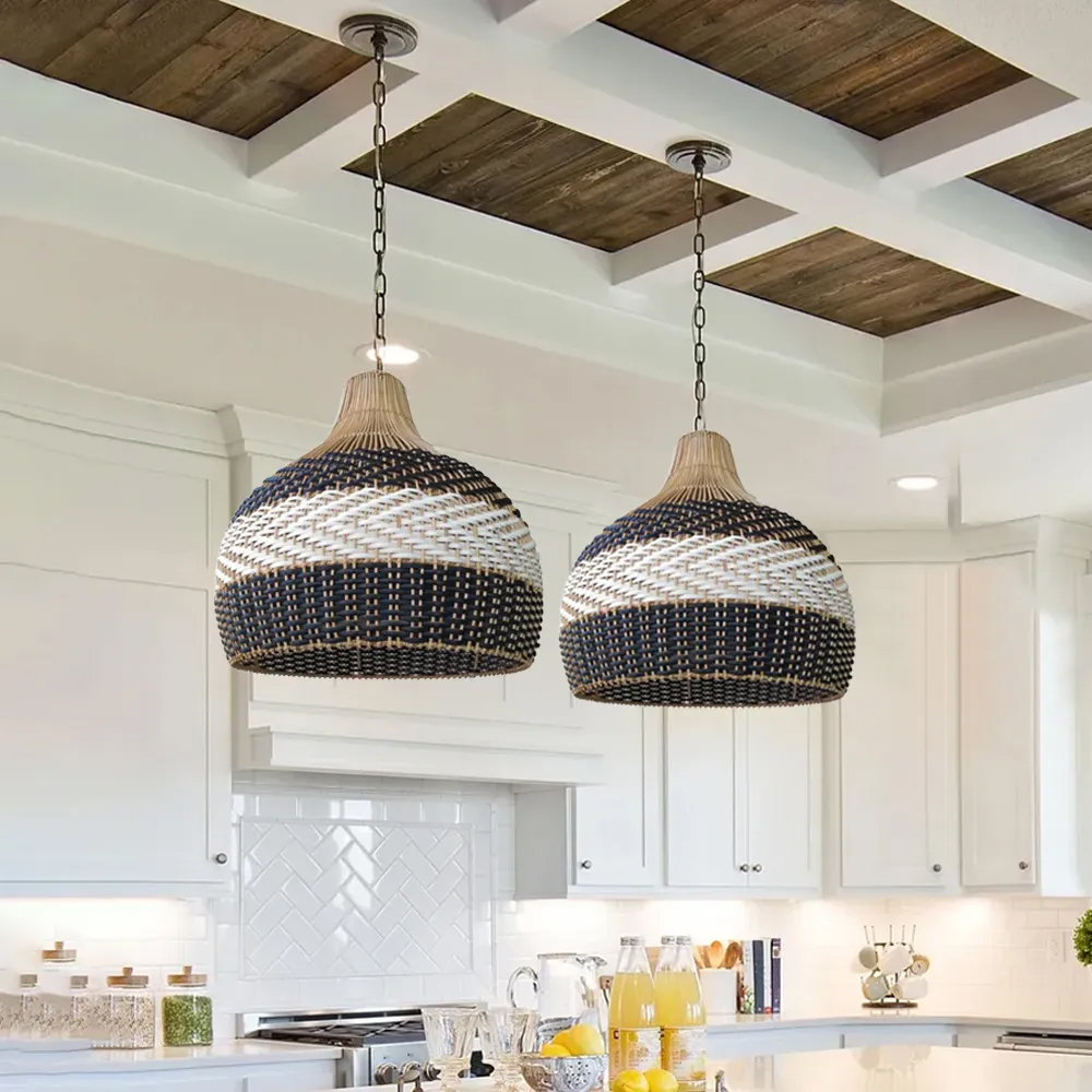 Sophisticated Black and White Rattan Pendant Light Interior Kitchen Island Design-Handwovenlamp