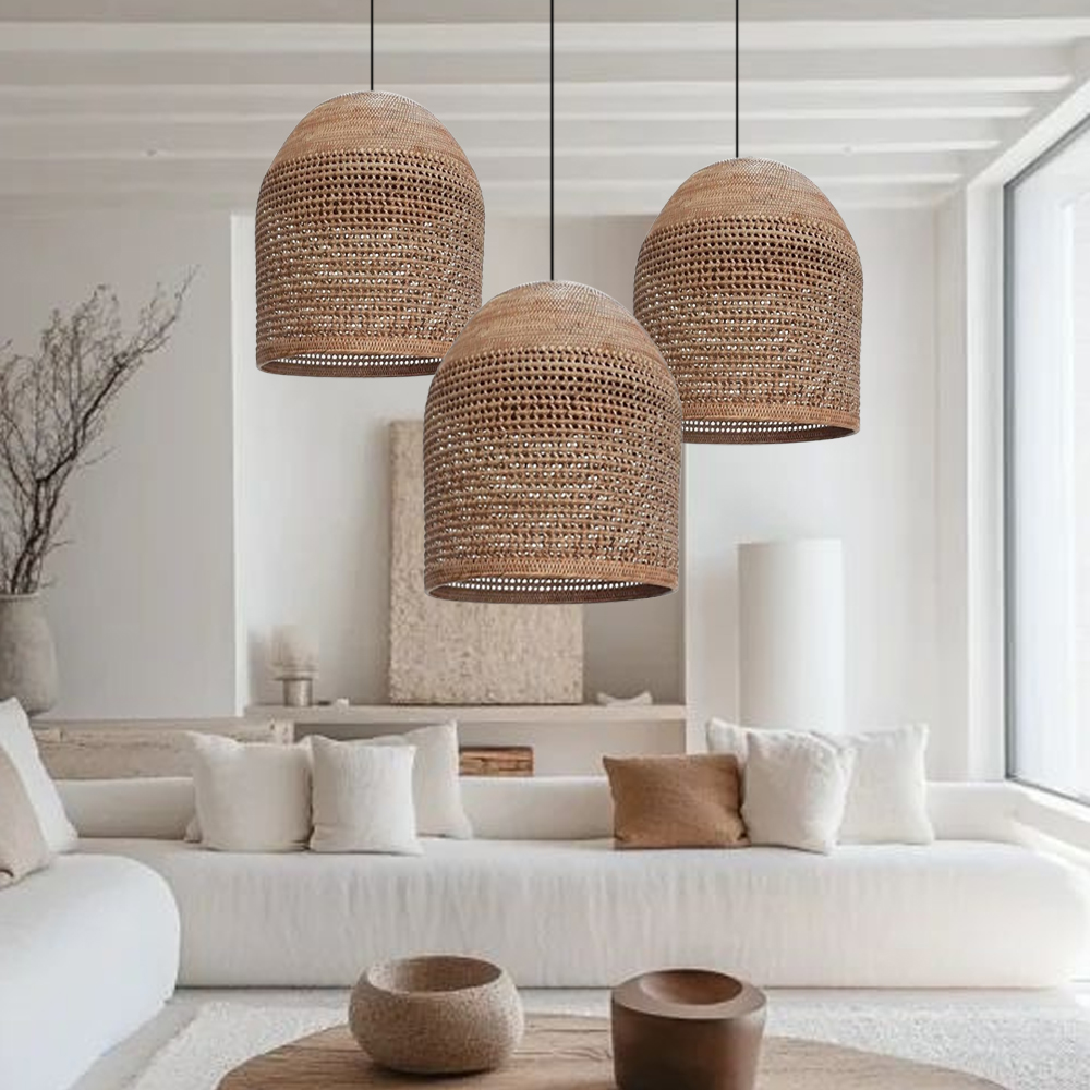 Hand-knitted Rattan Pendant Light Modern Scandinavian Bell Shape Kitchen Island Lighting-Handwovenlamp