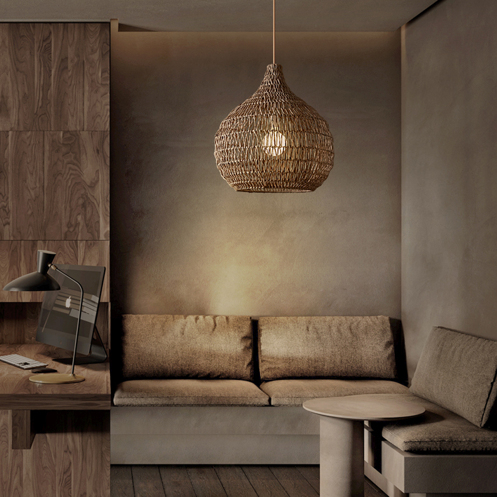 Retro Handwoven Grass Chandelier Dining Room Wicker Pendant Light-Handwovenlamp