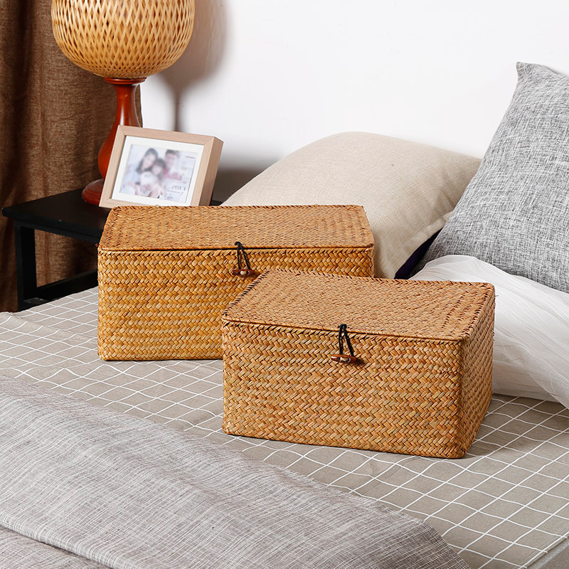 Straw Woven Storage Box Covered Sundries Organizer Ornament Box Storage Basket-Handwovenlamp