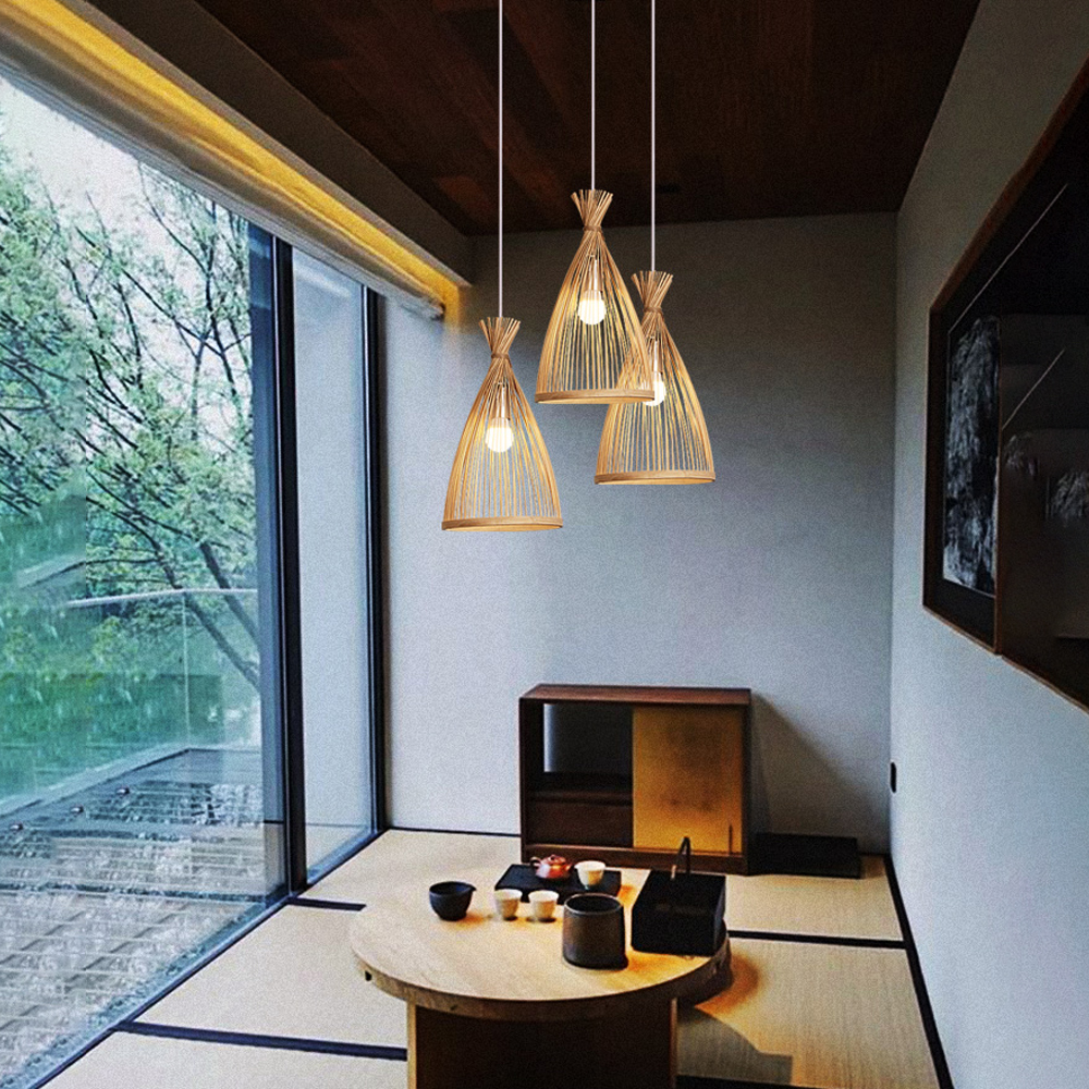 Japanese Bedroom Bamboo Chandelier 3-light Balcony Chandelier-Handwovenlamp