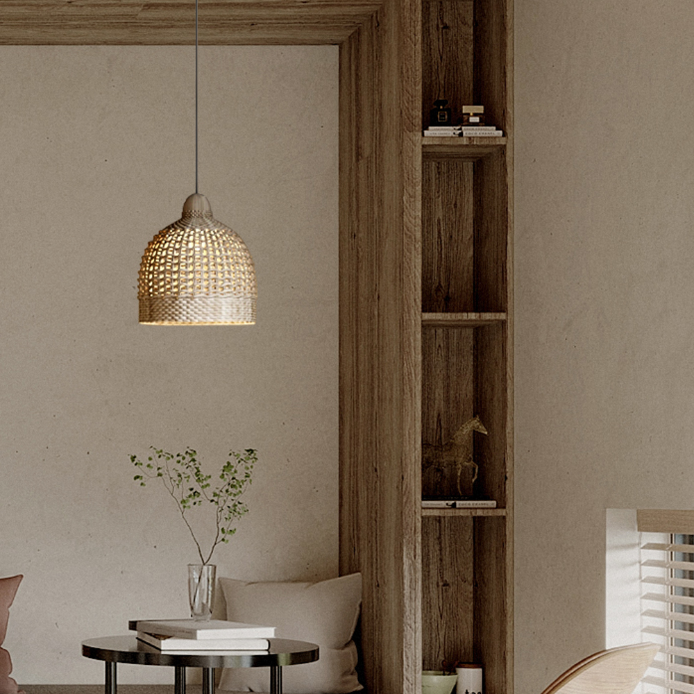 Wabi-sabi Rattan Drum Light Pendant Japanese Retro Bedroom Bedside Chandelier-Handwovenlamp