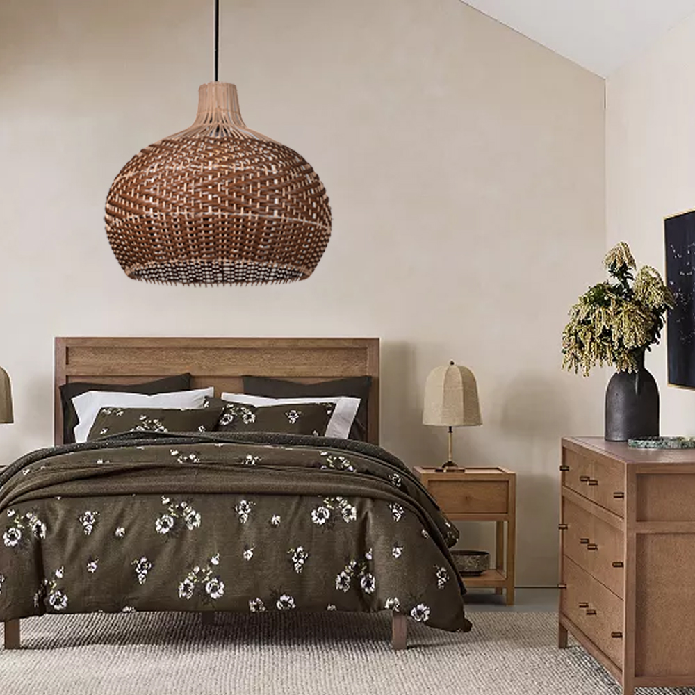Dining Room Wicker Rattan Chandelier Round Brown Pendant Light Fixture