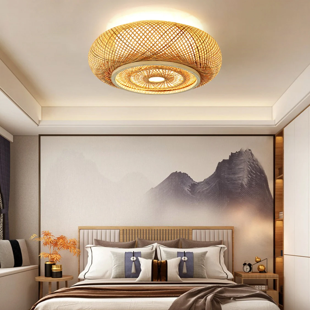 Japanese Style Flush Mount Bamboo Ceiling Light For Living Room-Handwovenlamp