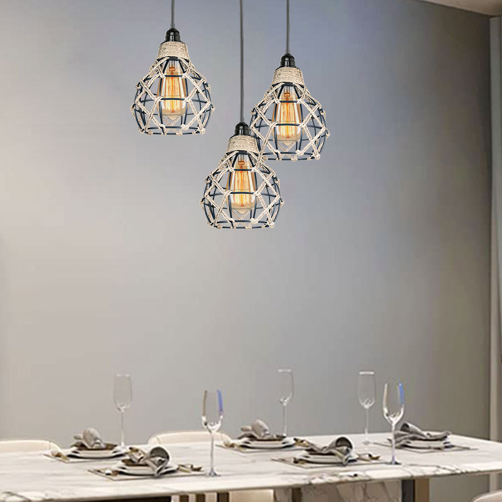 Industrial Retro Hemp Rope Diamond Head Metal Cage Loft Iron Wire Welding Lampshade-Handwovenlamp