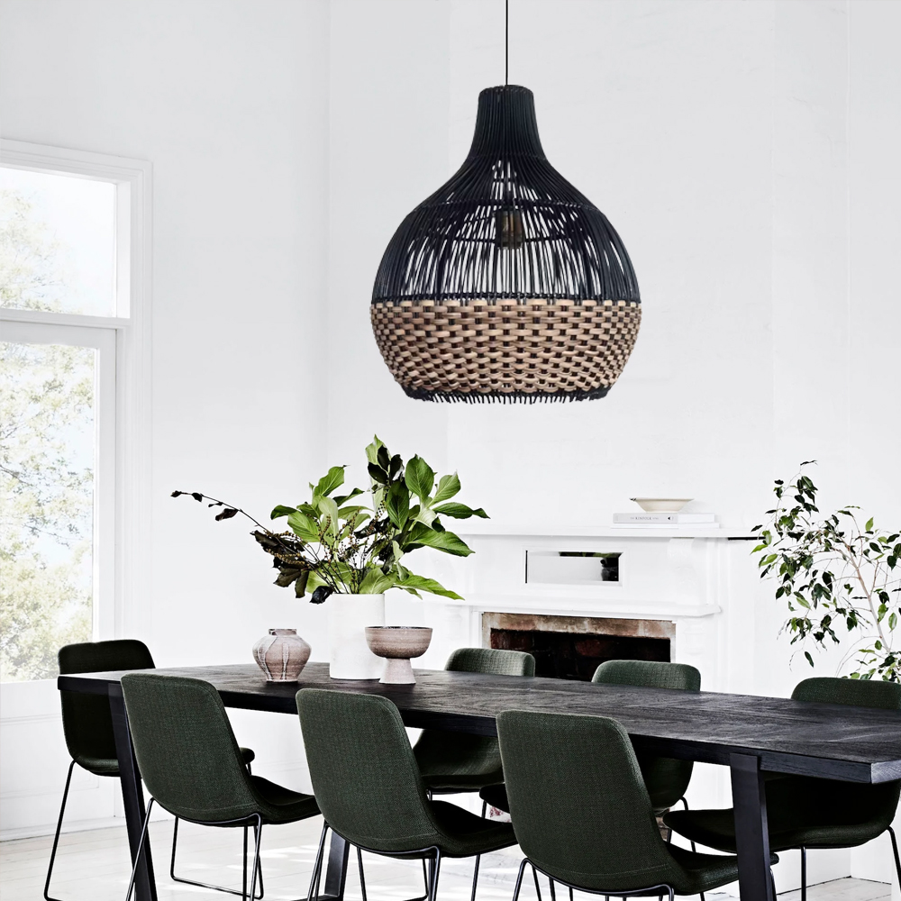 Salt Lake Handwoven Kitchen Island Black Rattan Pendant Light-Handwovenlamp