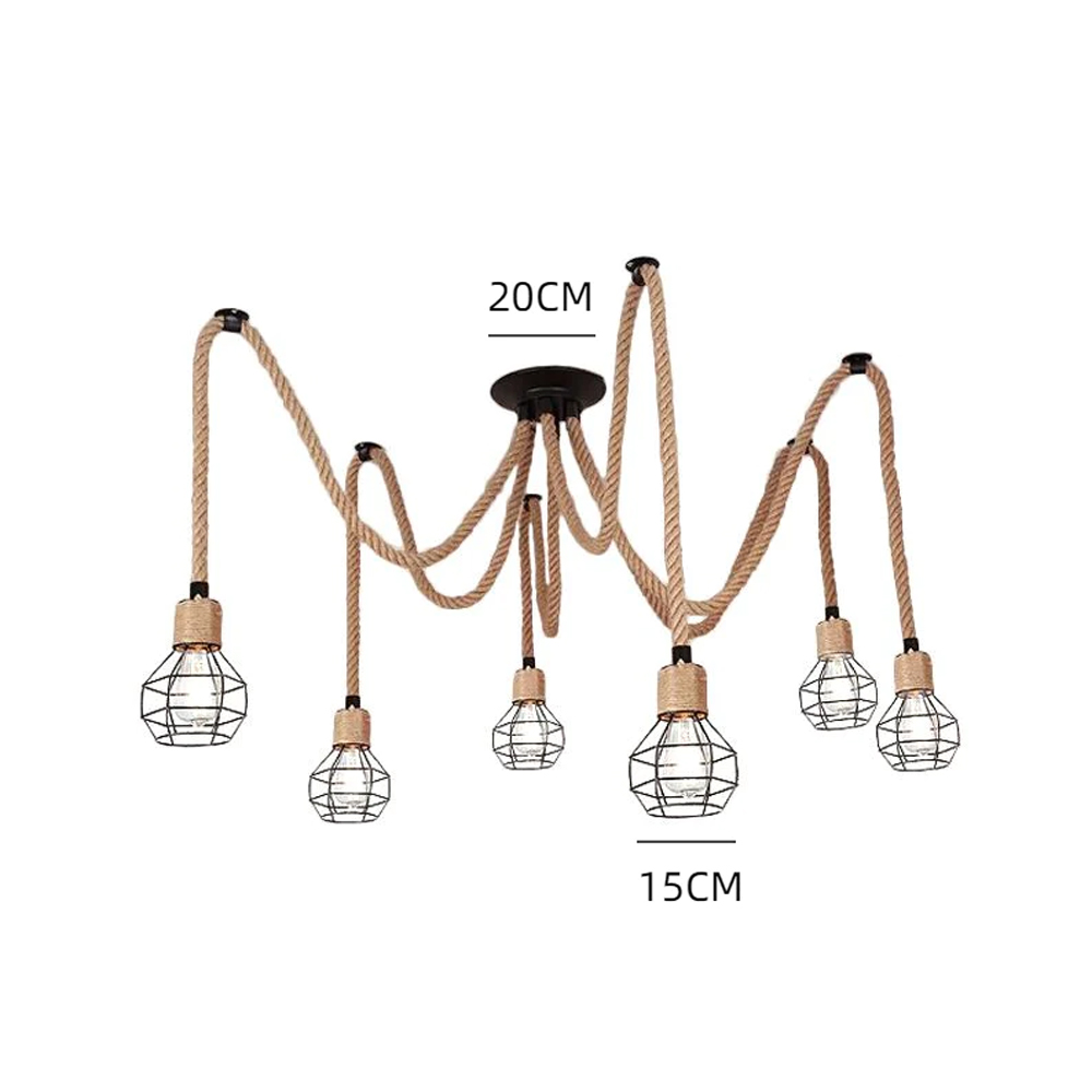 Spherical Cage Rope 6-Lights Brown Pendant Lighting Fixture-Handwovenlamp