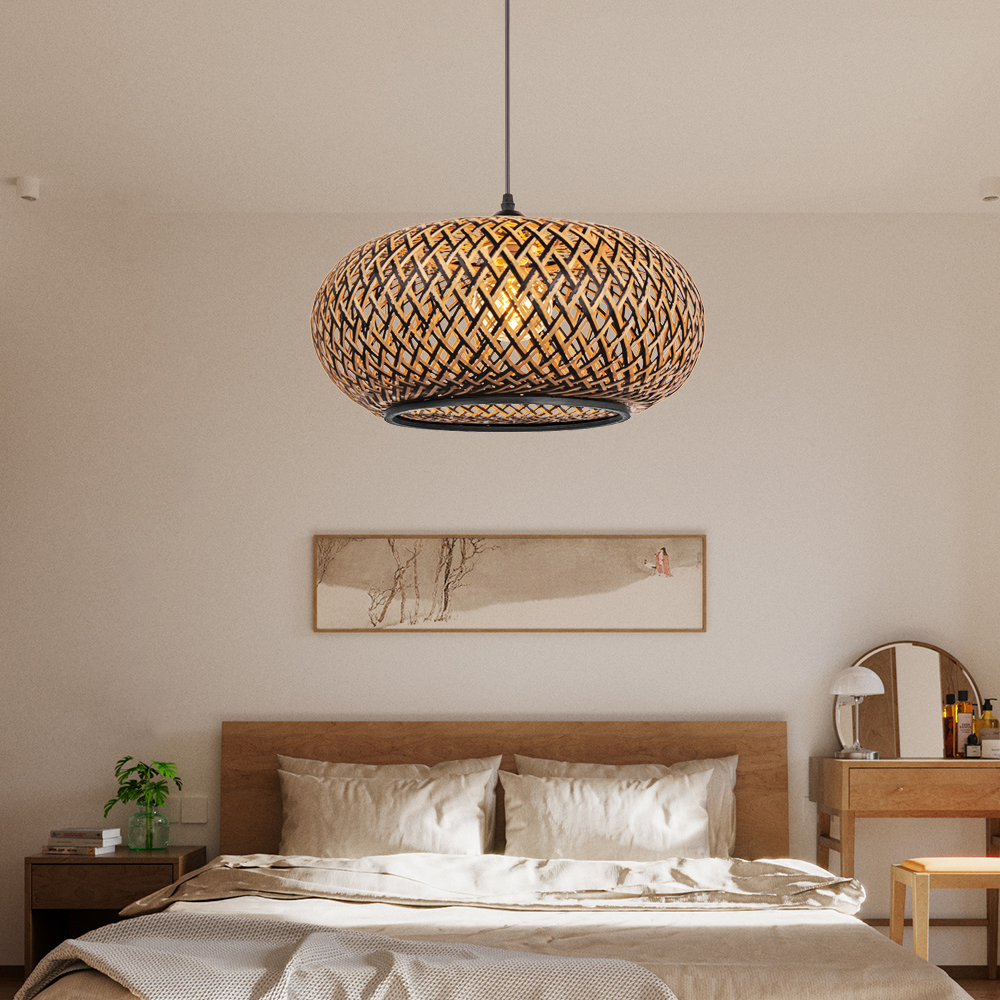 Dining Room Round Black Bamboo Pendant Chandelier Kitchen Decor Lighting-Handwovenlamp