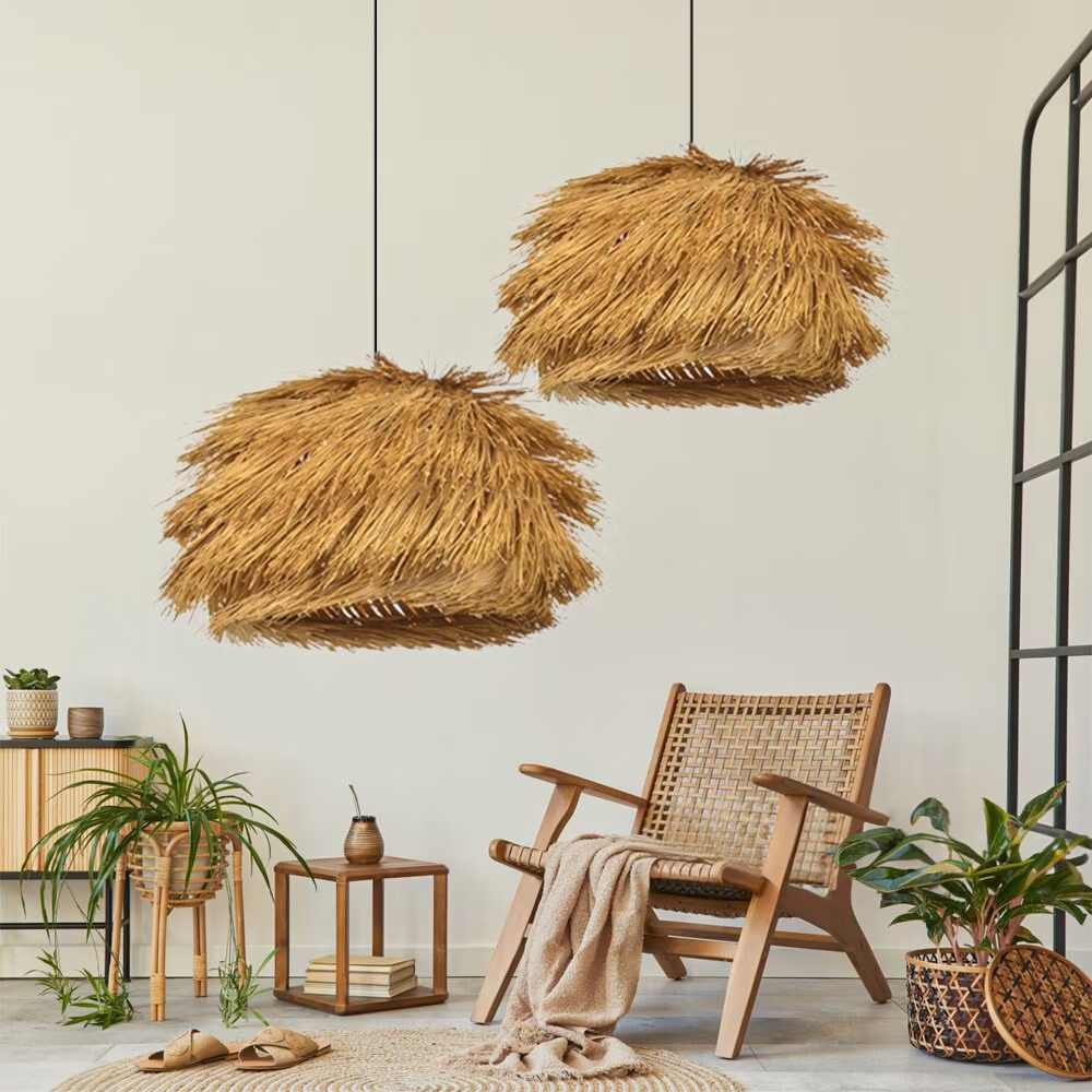 Wabi-sabi Dining Room Rattan Pendant Light Kitchen Grass Chandelier-Handwovenlamp