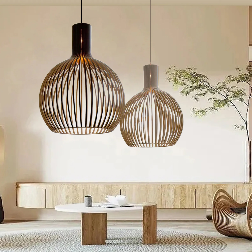 Modern Wooden Pendant Light Fixture Nordic Creative Birdcage Chandelier-Handwovenlamp