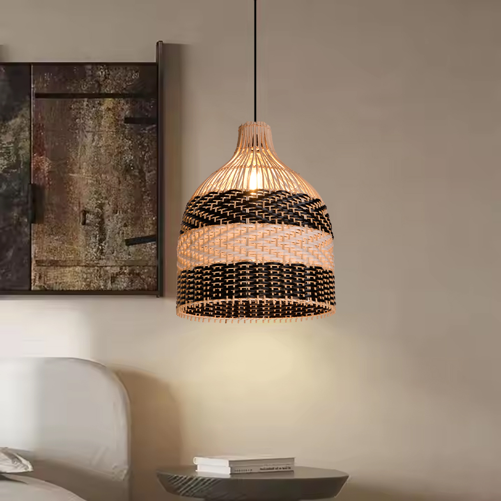 Popular Kitchen Island Decor Pendant Lamp Black White Rattan Lampshade-Handwovenlamp