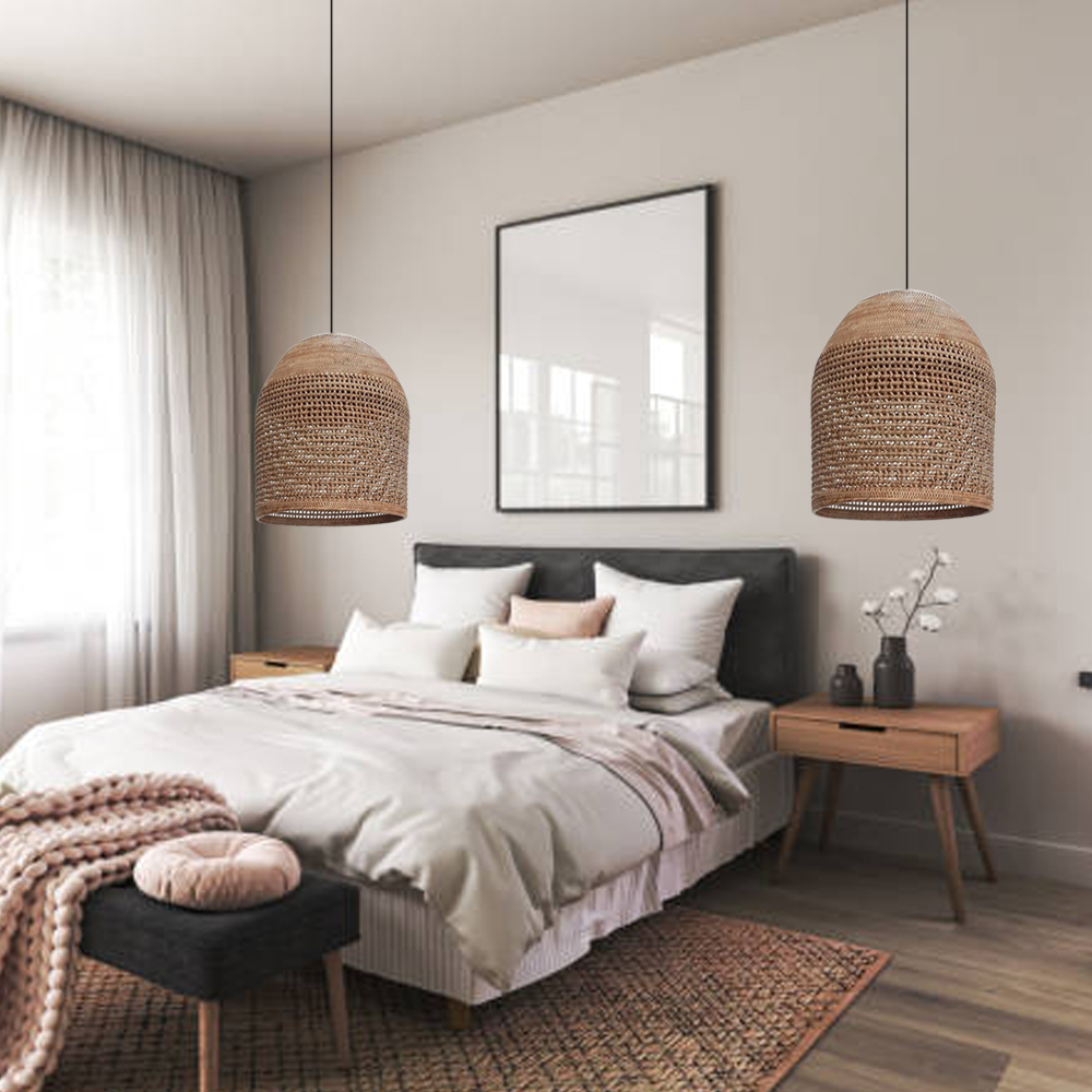 Hand-knitted Rattan Pendant Light Modern Scandinavian Bell Shape Kitchen Island Lighting-Handwovenlamp