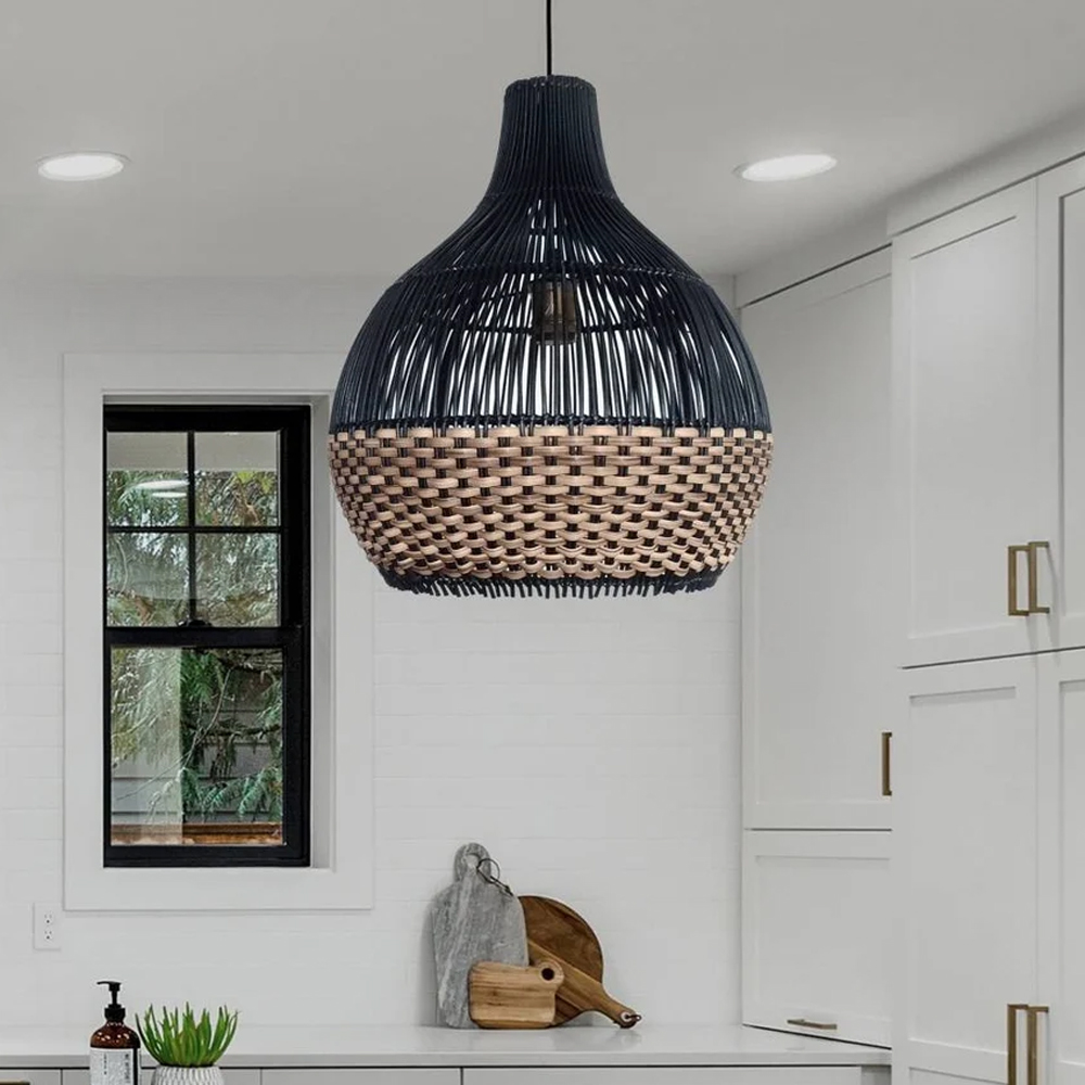 Salt Lake Handwoven Kitchen Island Black Rattan Pendant Light-Handwovenlamp