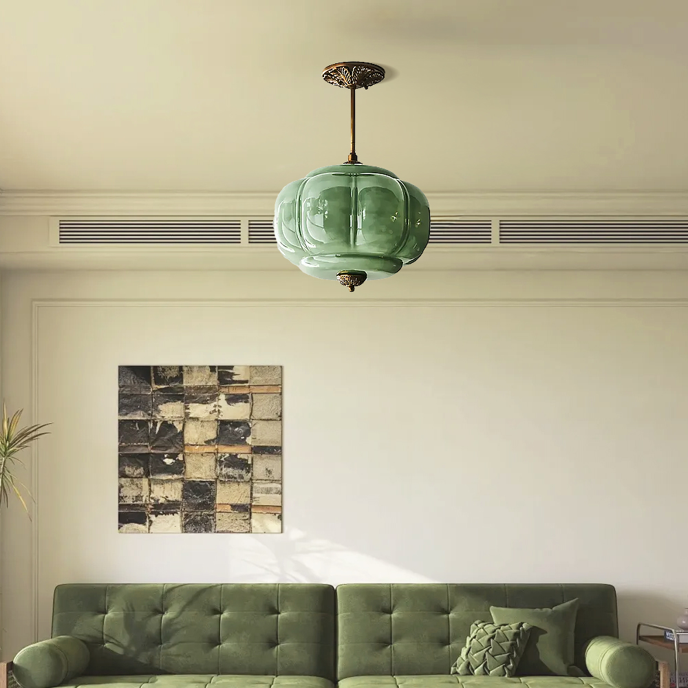 Medieval Vintage Entrance Flush Mount Lamp Simple Pumpkin Glass Pendant Light-Handwovenlamp