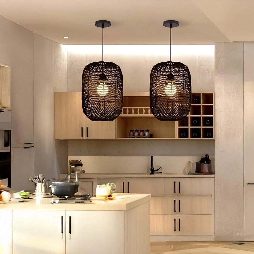 Handcrafted Kitchen Black Pendant Lampshade Beautiful Farmhouse Rattan Chandelier-Handwovenlamp