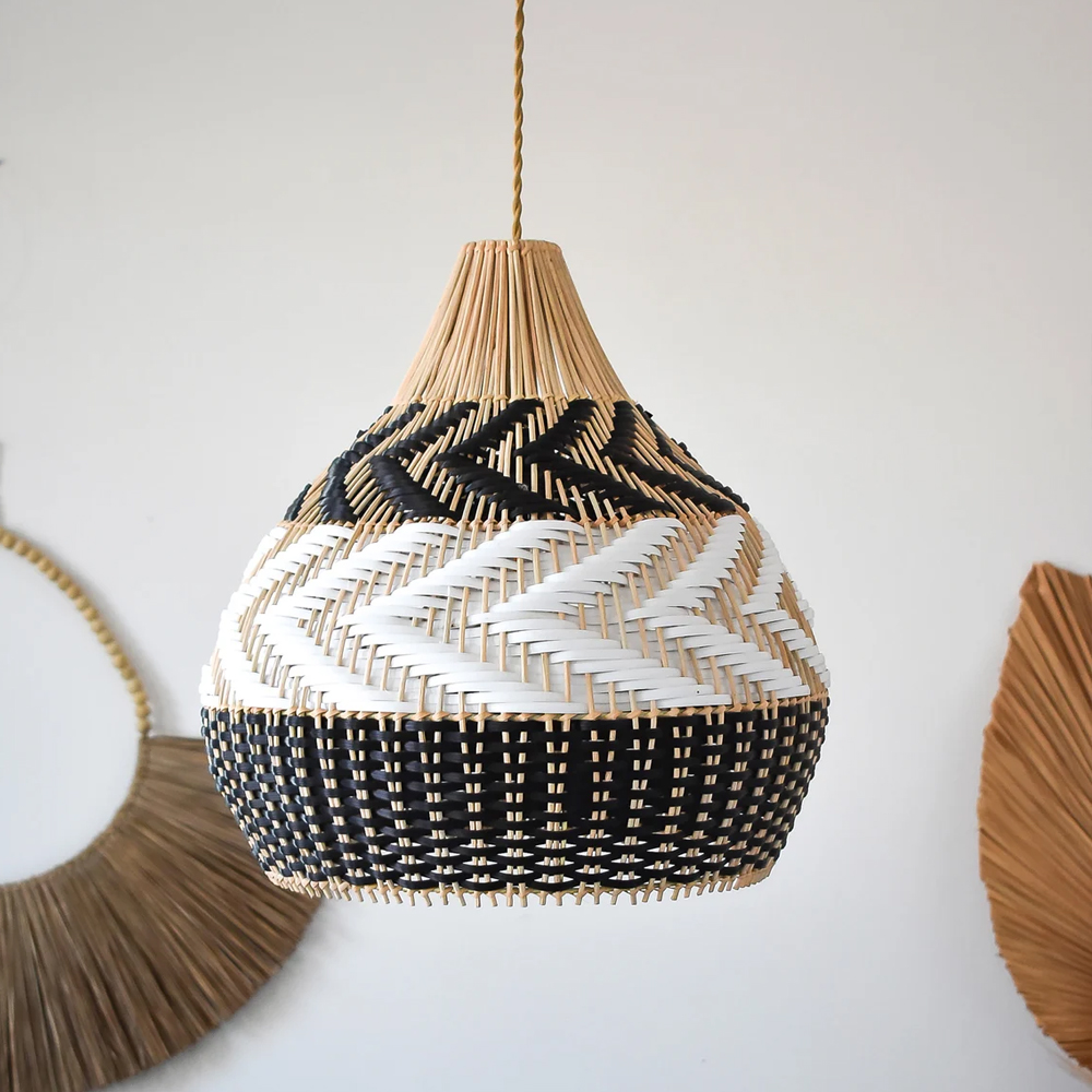 Boho Black White Basket Weave Rattan Light Fixture Handmade Kitchen Lamp Shade-Handwovenlamp