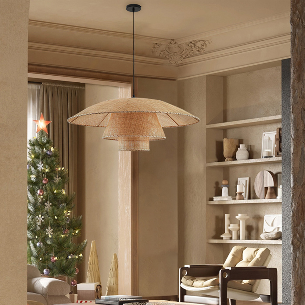 Japanese Rattan Chandelier Contemporary Bamboo Pendant Light-Handwovenlamp