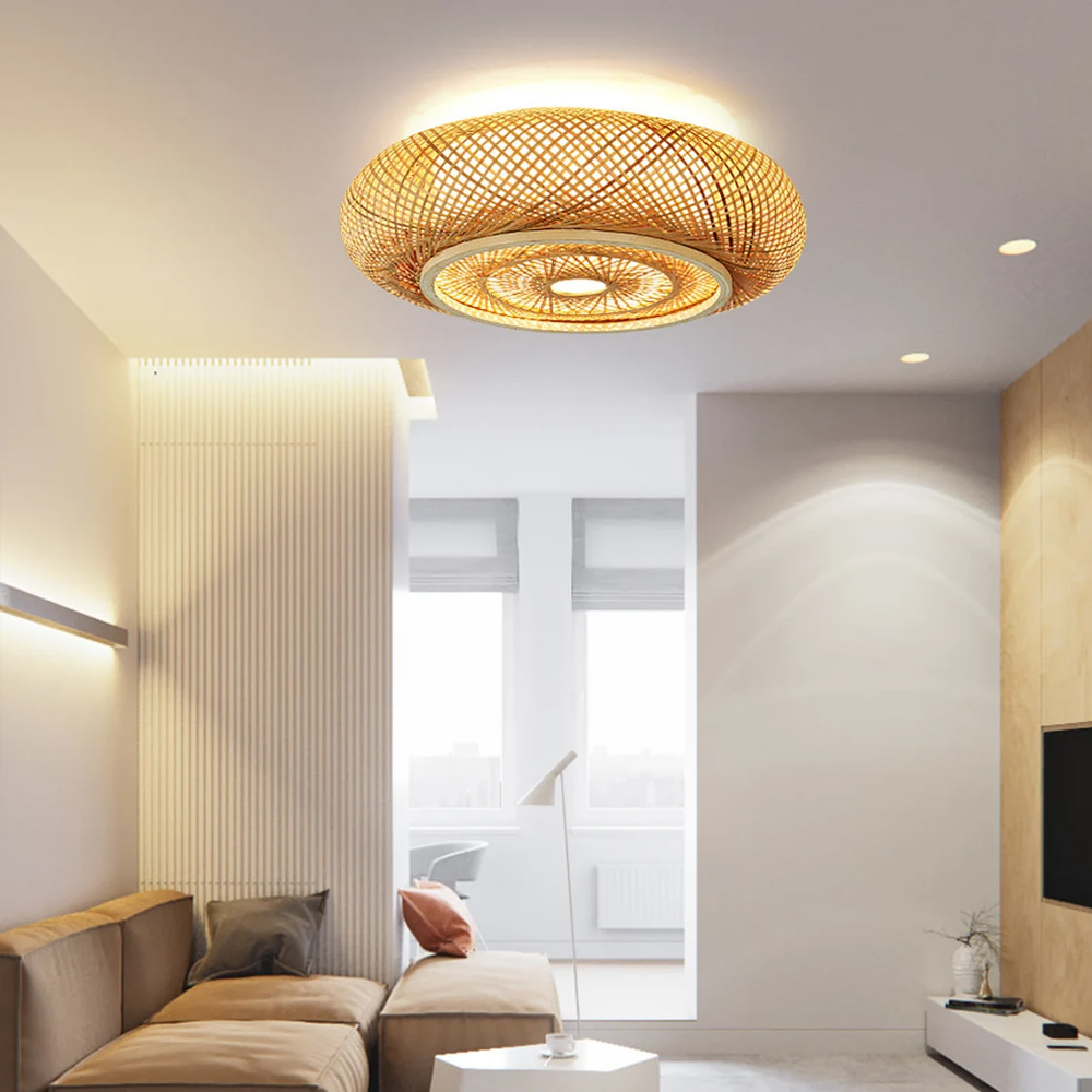 Japanese Style Flush Mount Bamboo Ceiling Light For Living Room-Handwovenlamp