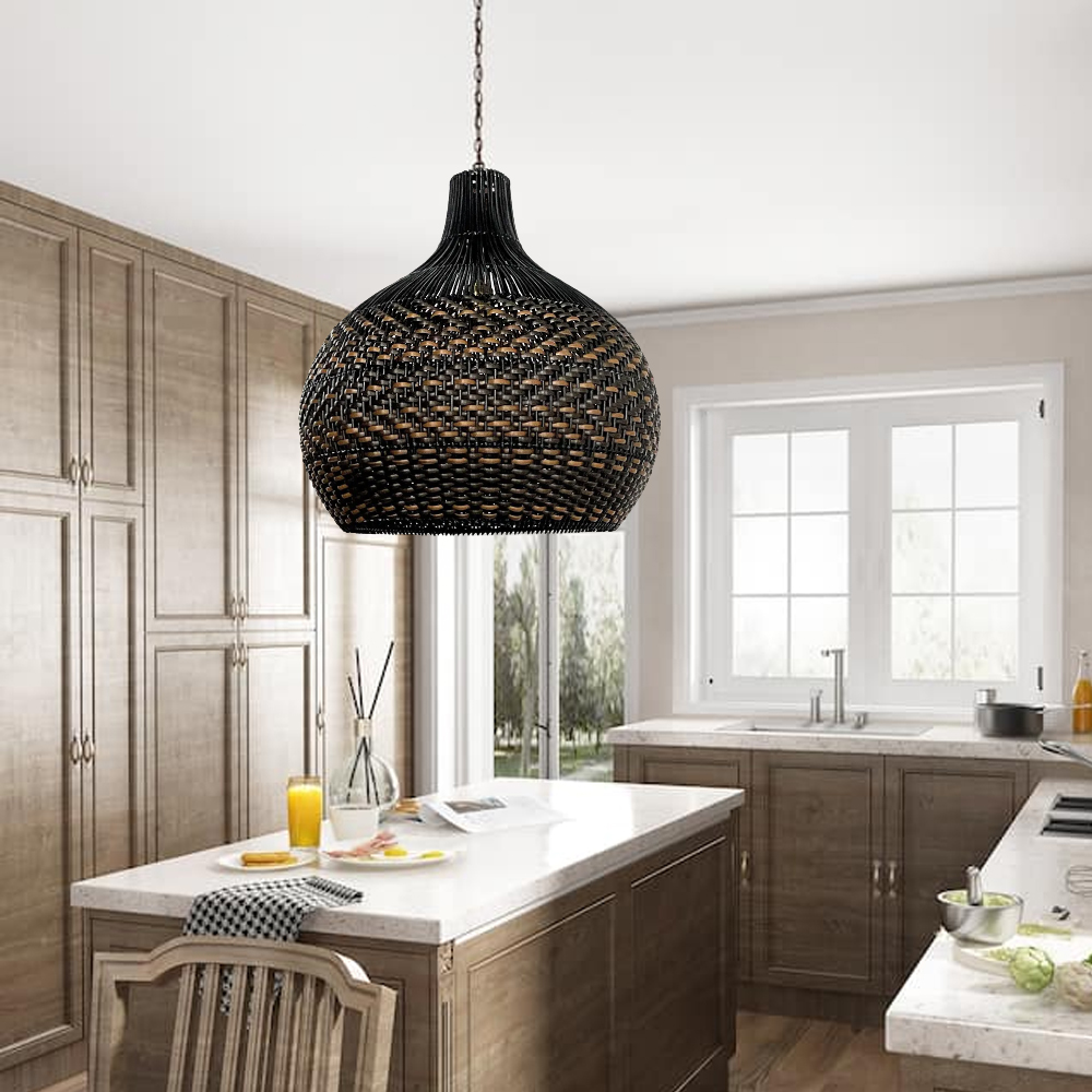 Wabi-sabi Black Rattan Pendant Light For Dining Room Kitchen Island-Handwovenlamp