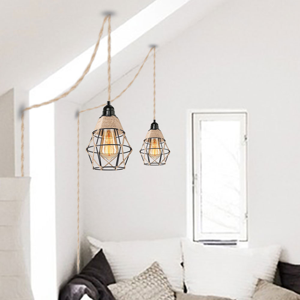 Industrial Retro Hemp Rope Diamond Head Metal Cage Loft Iron Wire Welding Lampshade-Handwovenlamp