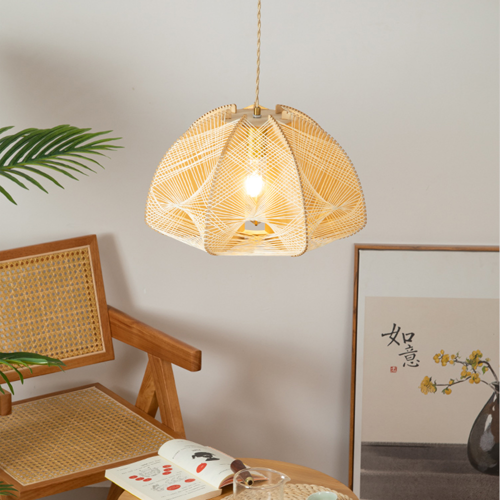 French Vintage Rope Pendant Light Fixture Living Room Wooden Chandelier-Handwovenlamp