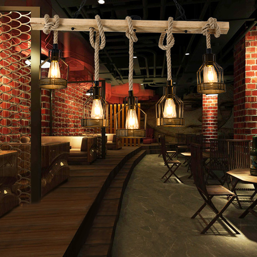 Restaurant Cafe Vintage Hemp Rope Chandelier Industrial Style Lighting Fixtures-Handwovenlamp