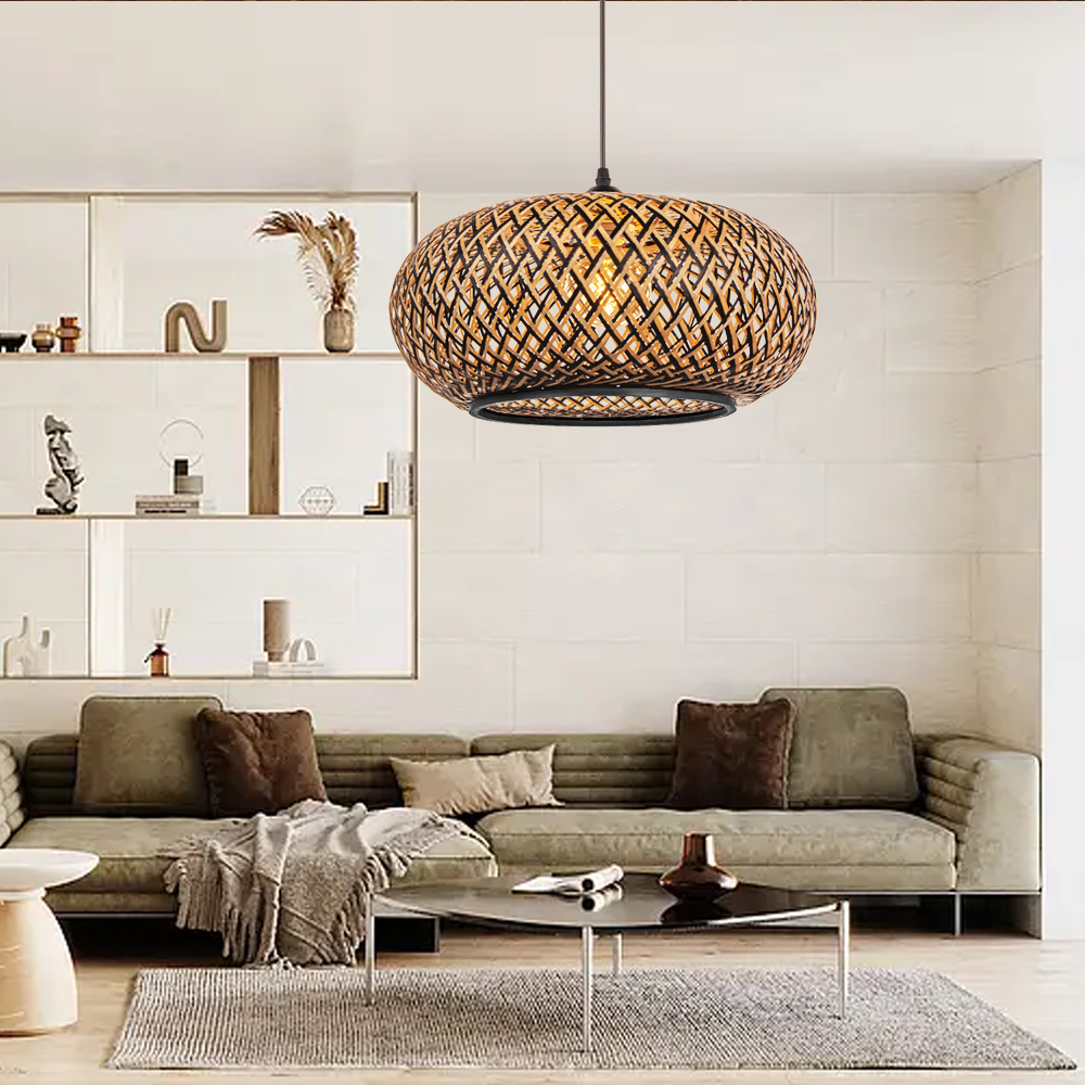 Dining Room Round Black Bamboo Pendant Chandelier Kitchen Decor Lighting-Handwovenlamp