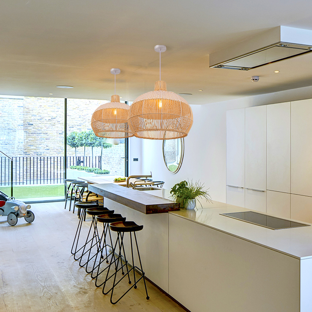 Coastal Kitchen Island White Pendant Light Handmade Rattan Chandelier-Handwovenlamp