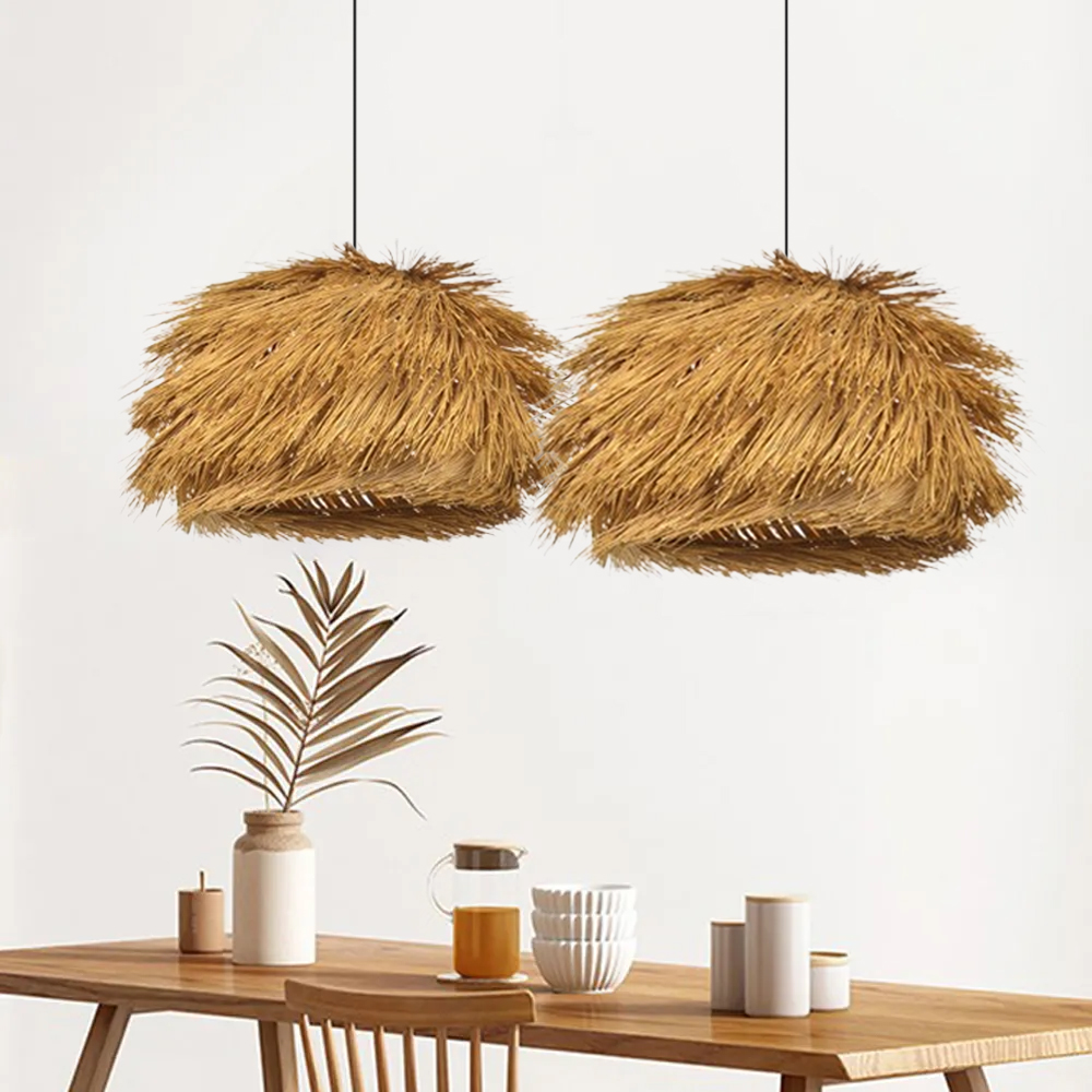 Wabi-sabi Dining Room Rattan Pendant Light Kitchen Grass Chandelier-Handwovenlamp