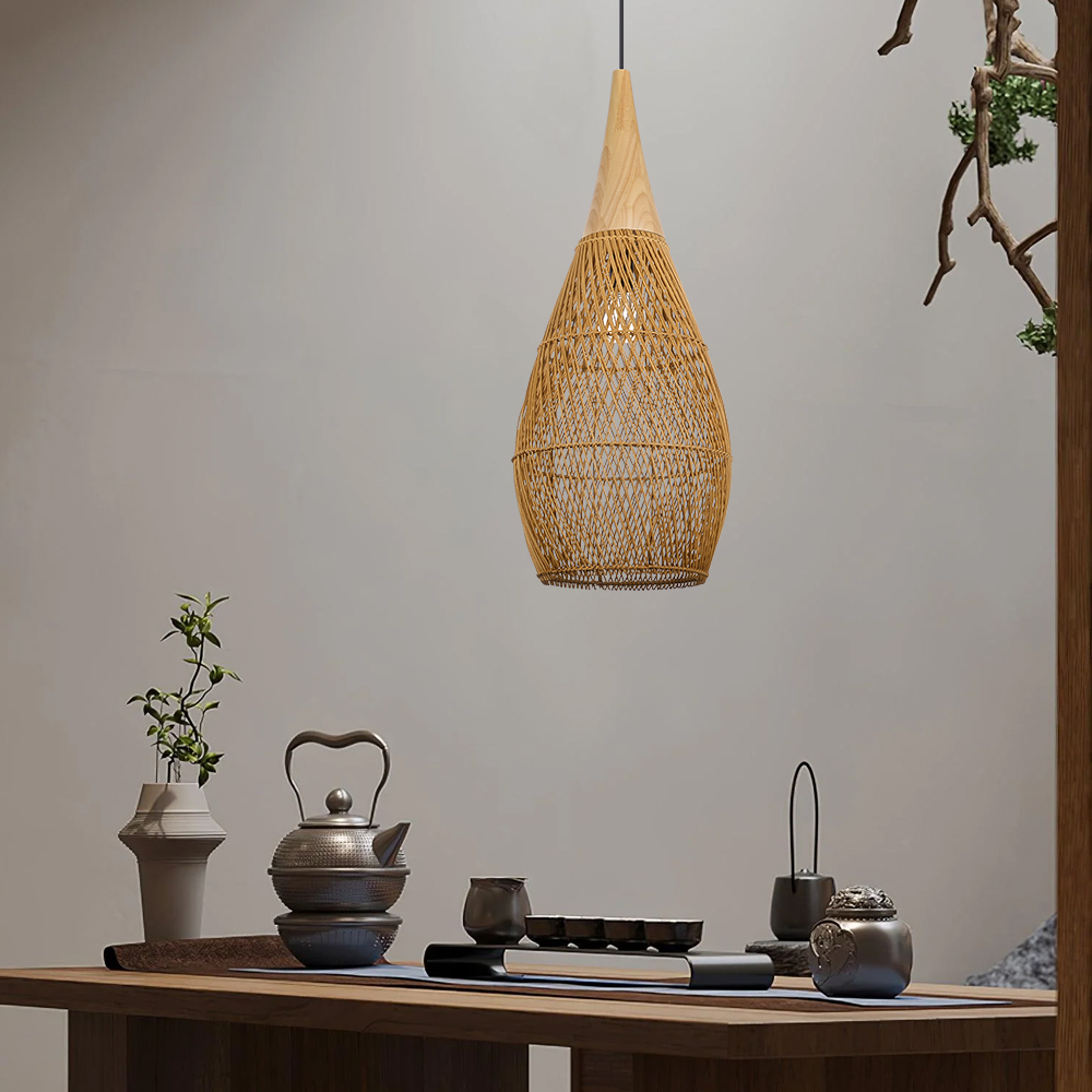 Rattan Wood Hanging Lamp Farmhouse Vintage Living Room Water Drop Chandelier-Handwovenlamp