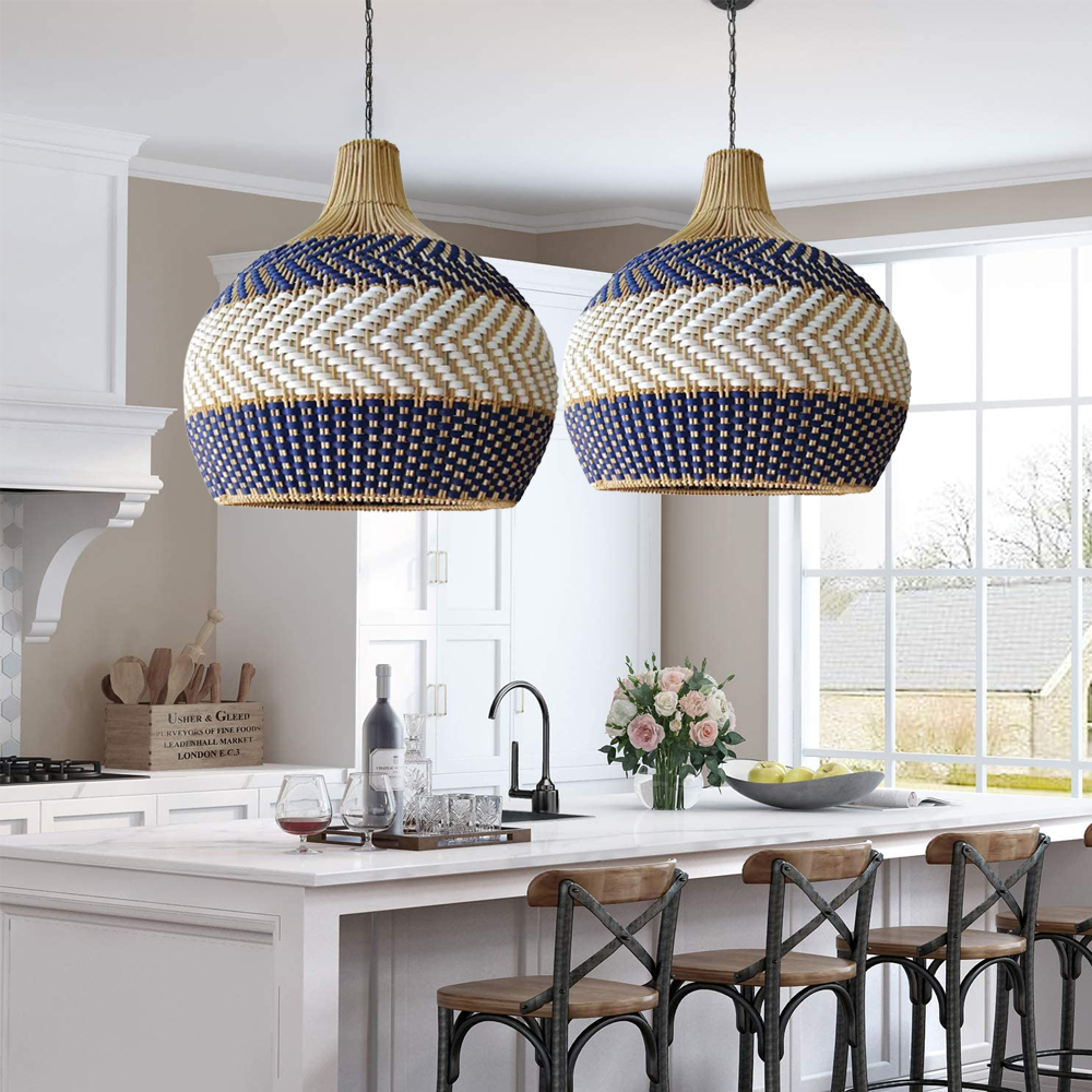 Unique Royal Blue Rattan Pendant Light Handwoven Round Lamp-Handwovenlamp