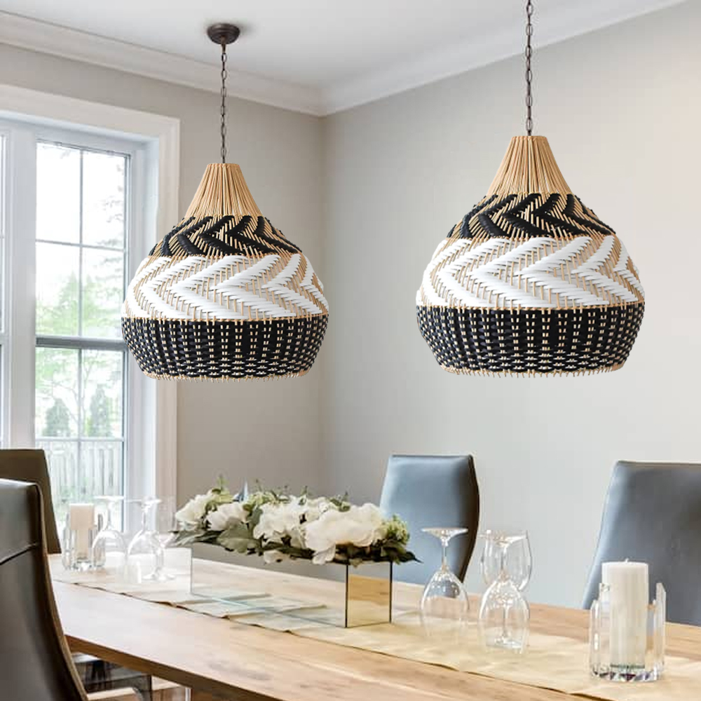 Boho Black White Basket Weave Rattan Light Fixture Handmade Kitchen Lamp Shade-Handwovenlamp