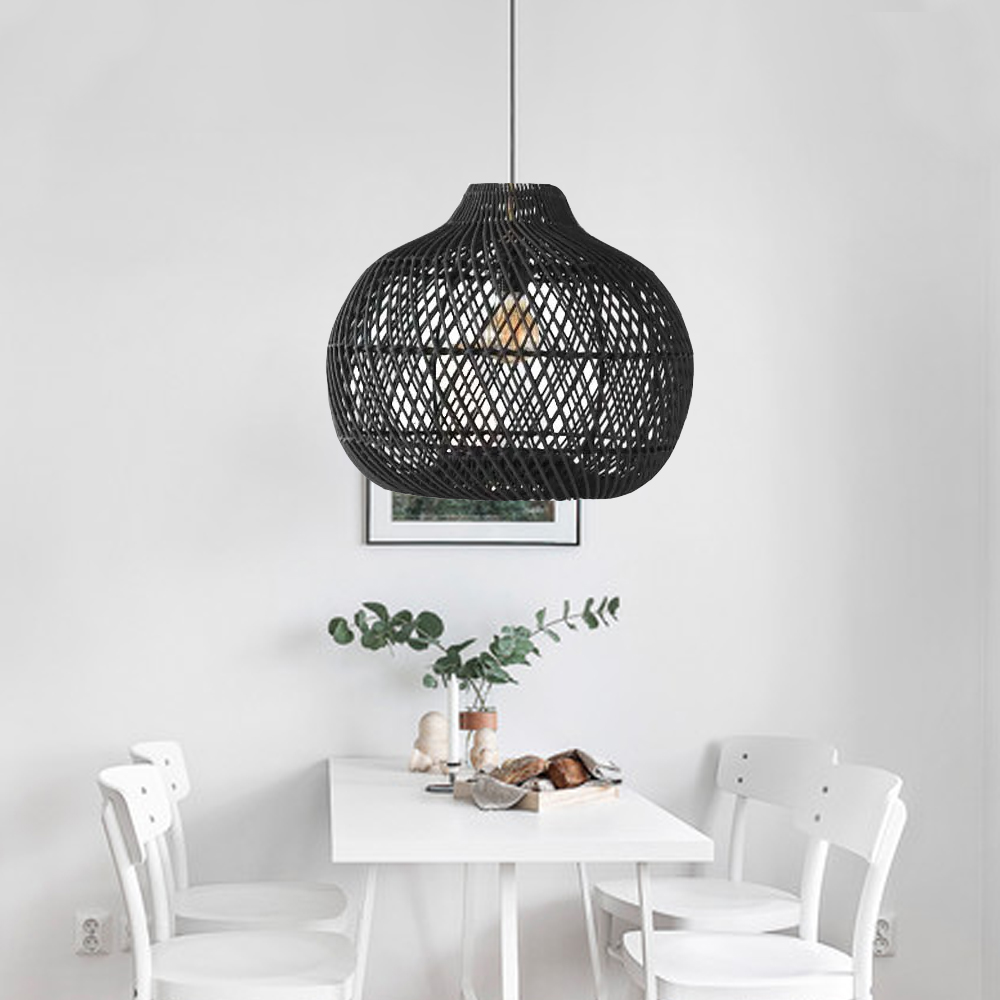 Boho Black Pendant Light Handmade Wicker Rattan Lampshade-Handwovenlamp