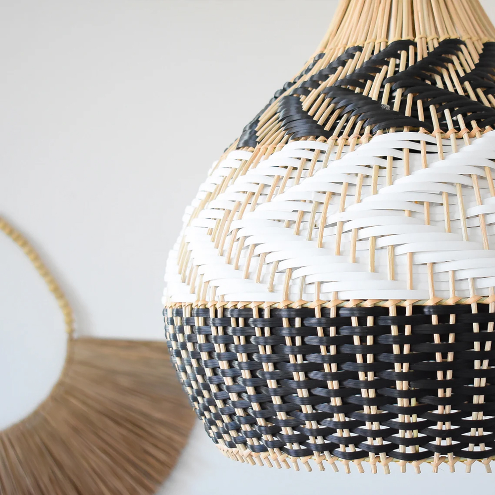 Boho Black White Basket Weave Rattan Light Fixture Handmade Kitchen Lamp Shade-Handwovenlamp