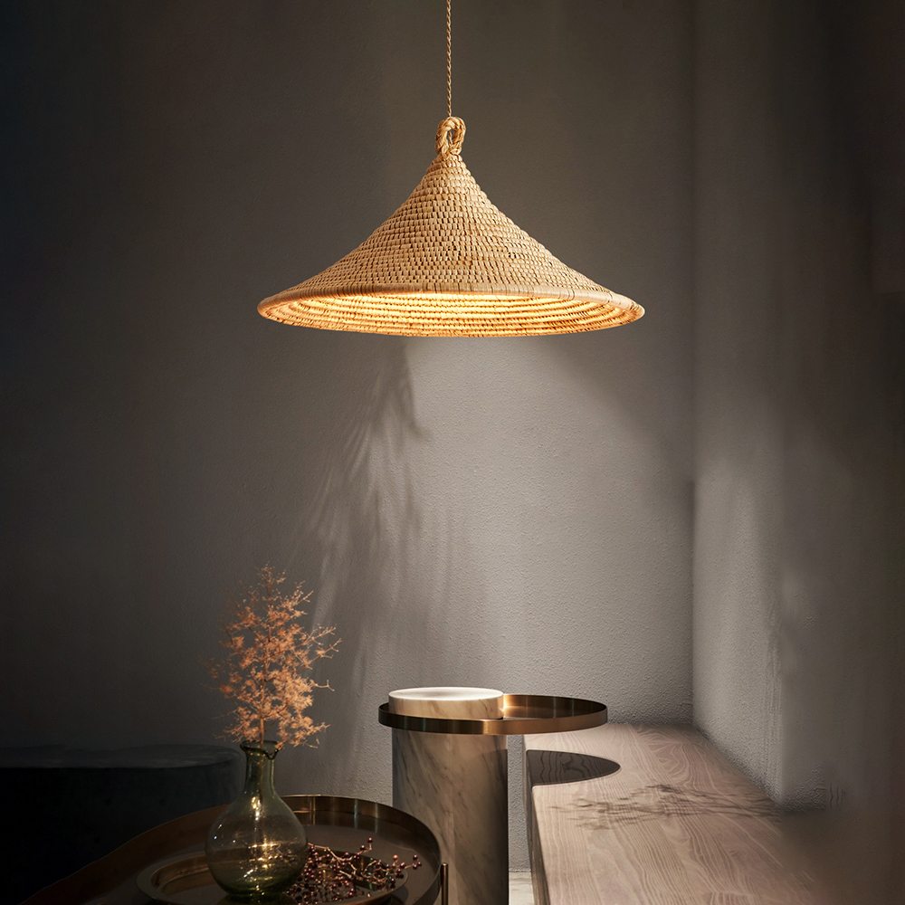 Wabi-sabi Hardwired Rattan Straw Hat Pendant Light Home Decor Lamp-Handwovenlamp