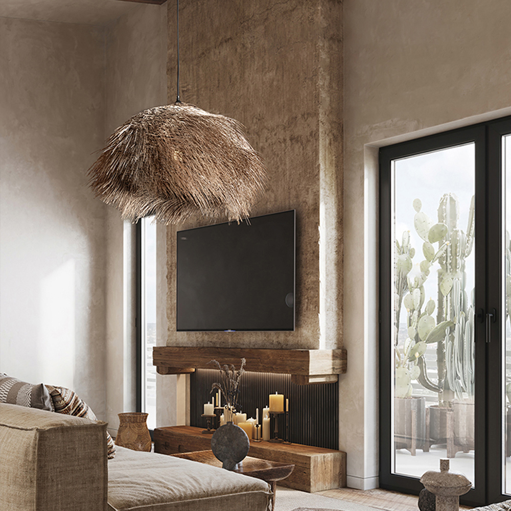 Raffia Hand-woven Lamps Wabi Sabi Living Room Vintage Rattan Pendant Shade-Handwovenlamp