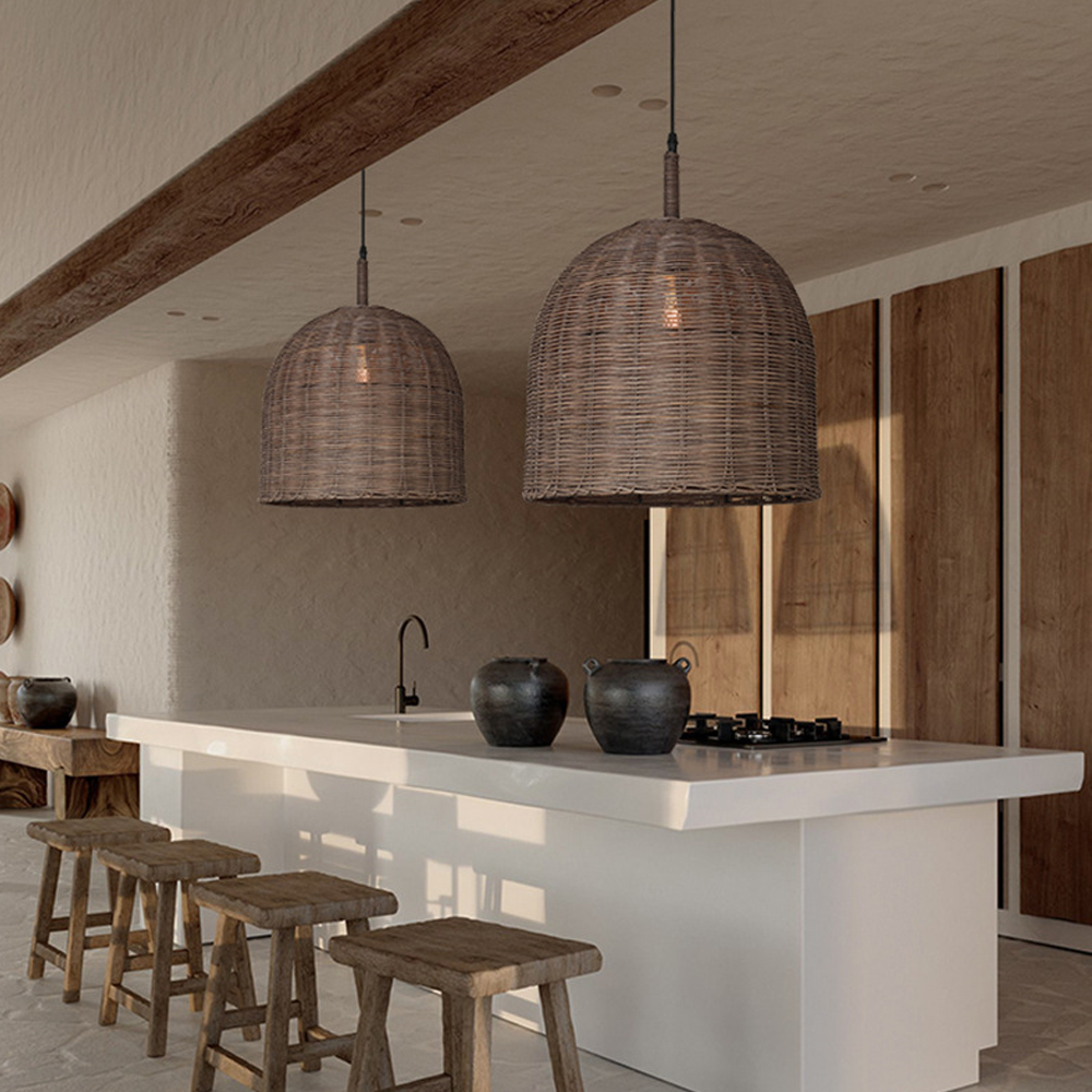 Vintage Rattan Pendant Light Wabi Sabi Bell Lamp Shade-Handwovenlamp