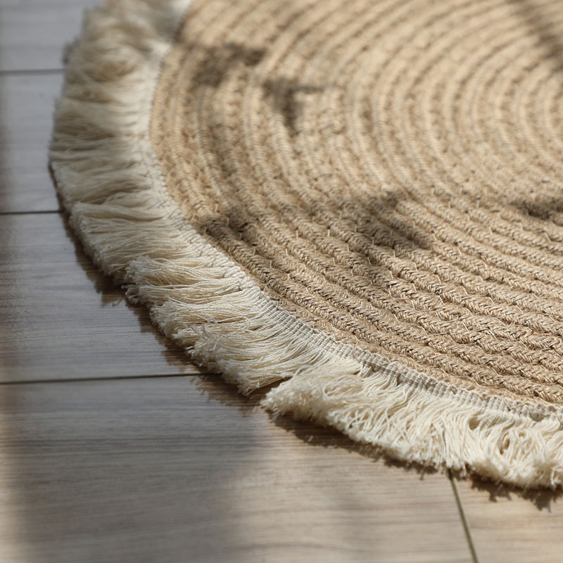 Nordic jute braided tassel floor mat rope balcony floor-to-ceiling window carpet-Handwovenlamp