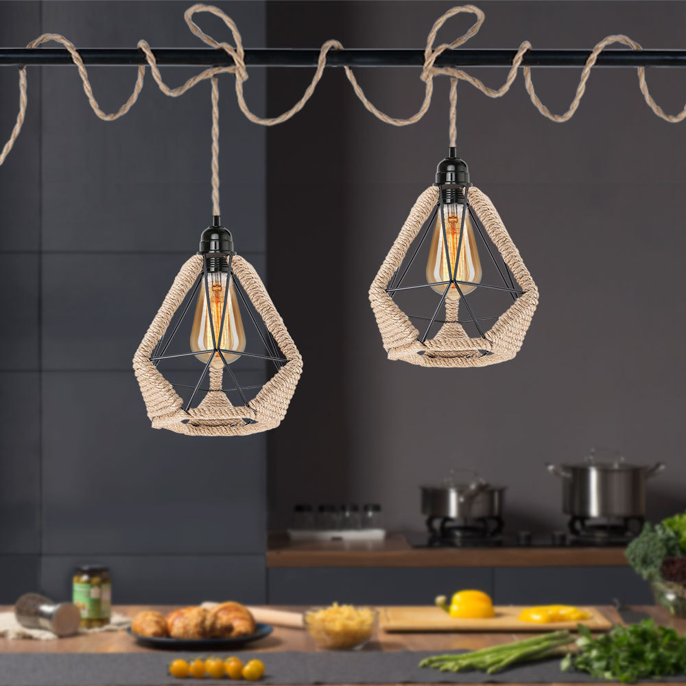 Industrial Retro Hemp Rope Diamond Head Metal Cage Loft Iron Wire Welding Lampshade-Handwovenlamp