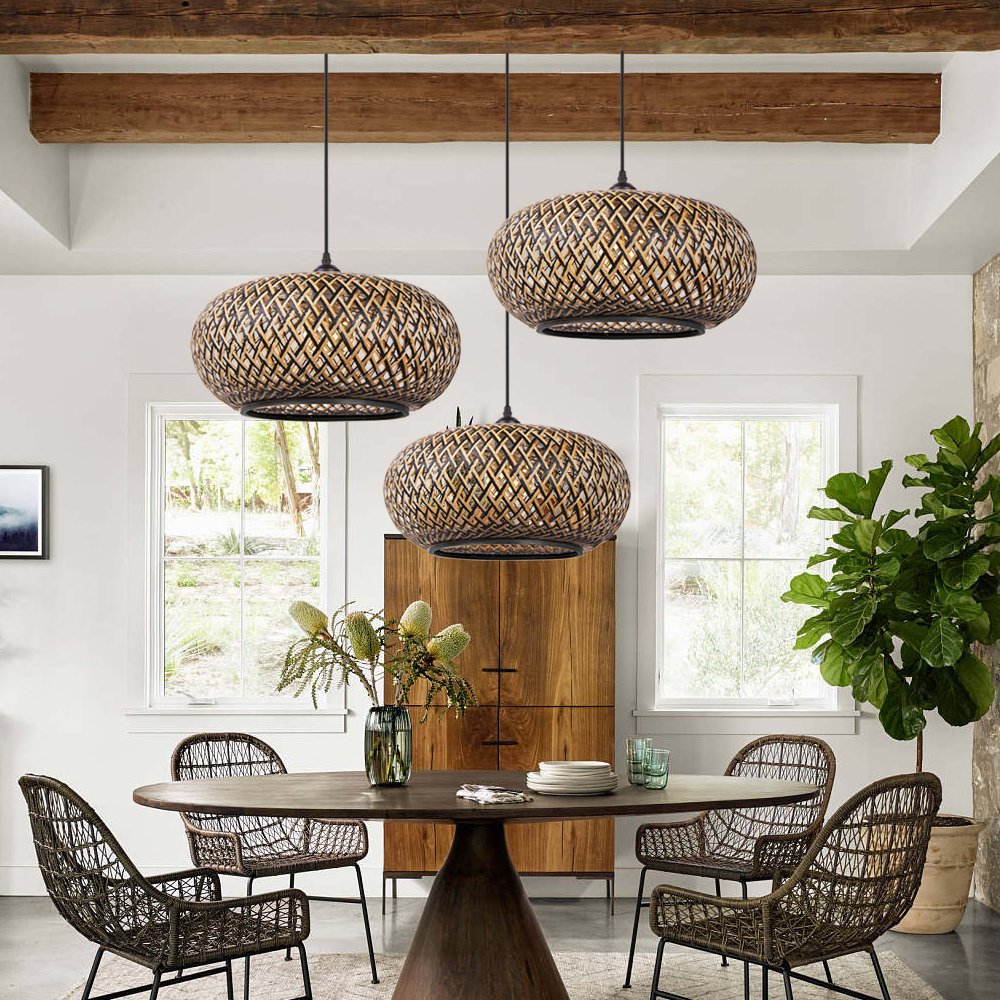 Dining Room Round Black Bamboo Pendant Chandelier Kitchen Decor Lighting-Handwovenlamp
