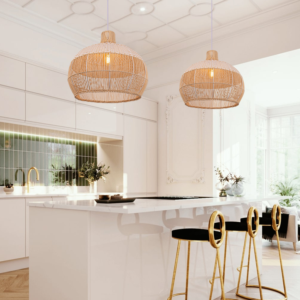 Coastal Kitchen Island White Pendant Light Handmade Rattan Chandelier-Handwovenlamp