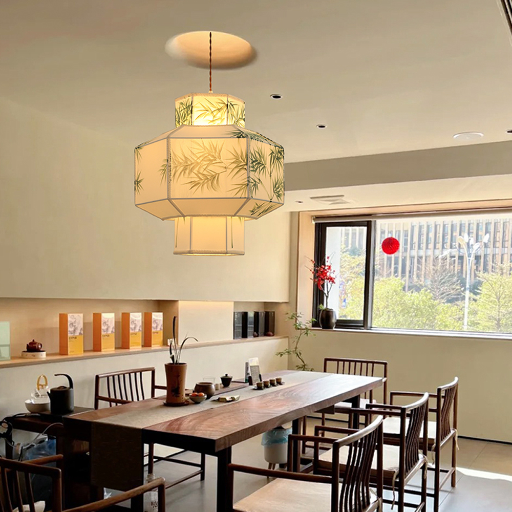 Japandi Style Bamboo Pattern Lantern Chandelier Restaurant Zen tea room Lampshade-Handwovenlamp