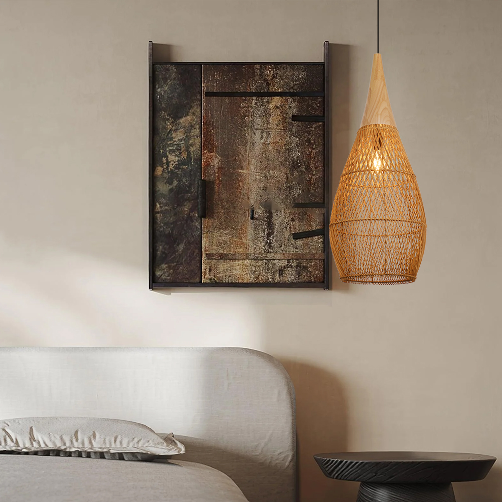 Rattan Wood Hanging Lamp Farmhouse Vintage Living Room Water Drop Chandelier-Handwovenlamp