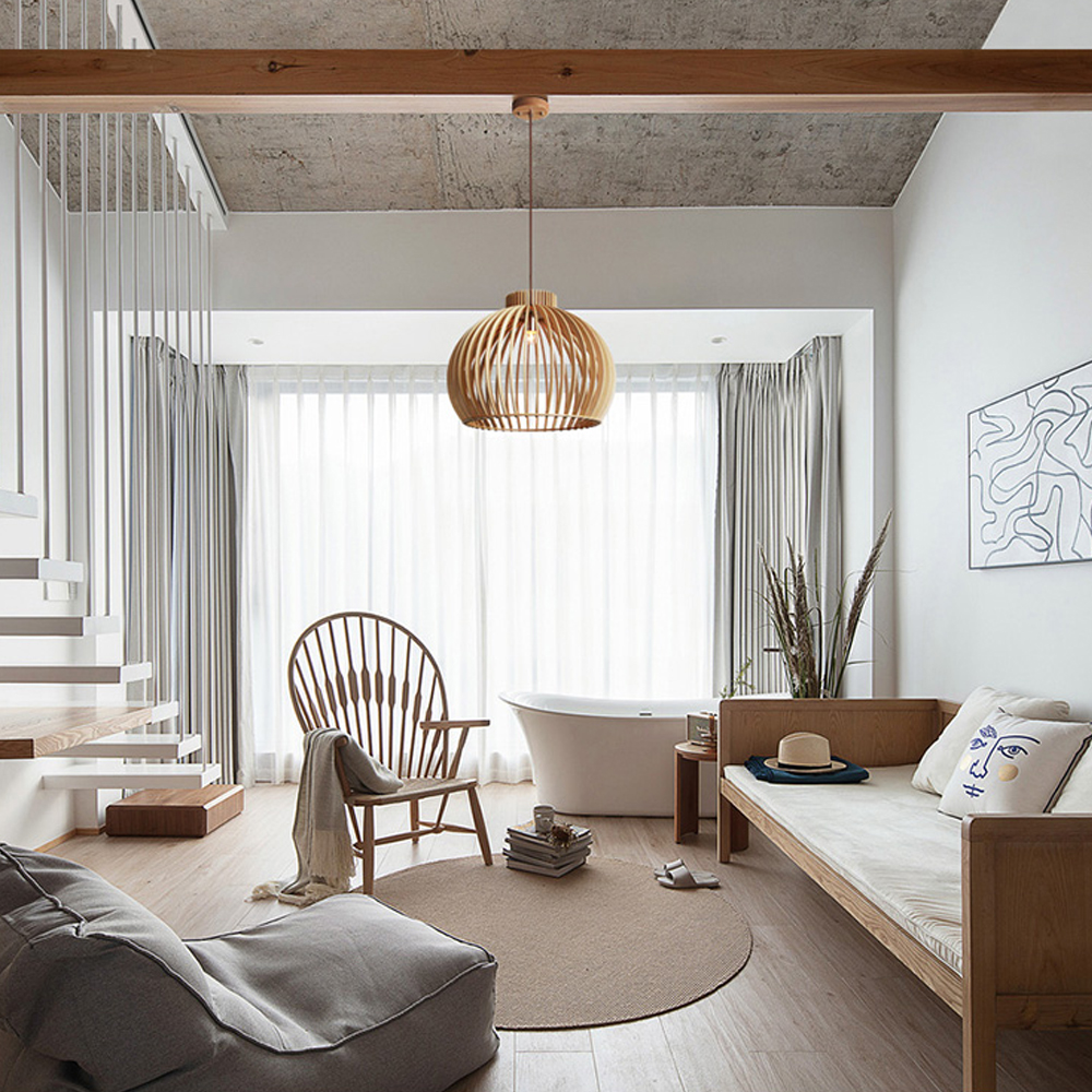 Nordic Hand-Woven Wood Chandelier Birdcage Lamp Japanese Creative Wood Pendant Lighting Fixture-Handwovenlamp