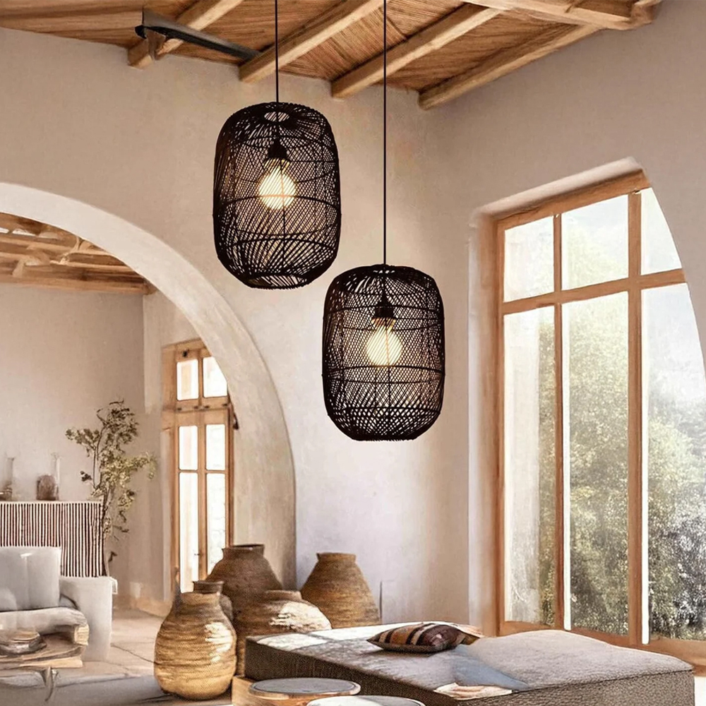 Handcrafted Kitchen Black Pendant Lampshade Beautiful Farmhouse Rattan Chandelier-Handwovenlamp