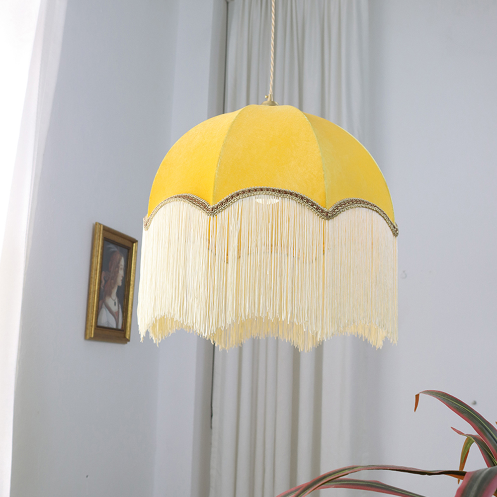 Boho Room Decorative Tassel Chandelier Modern Elegant Lemon Yellow Fabric Pendant Lights-Handwovenlamp