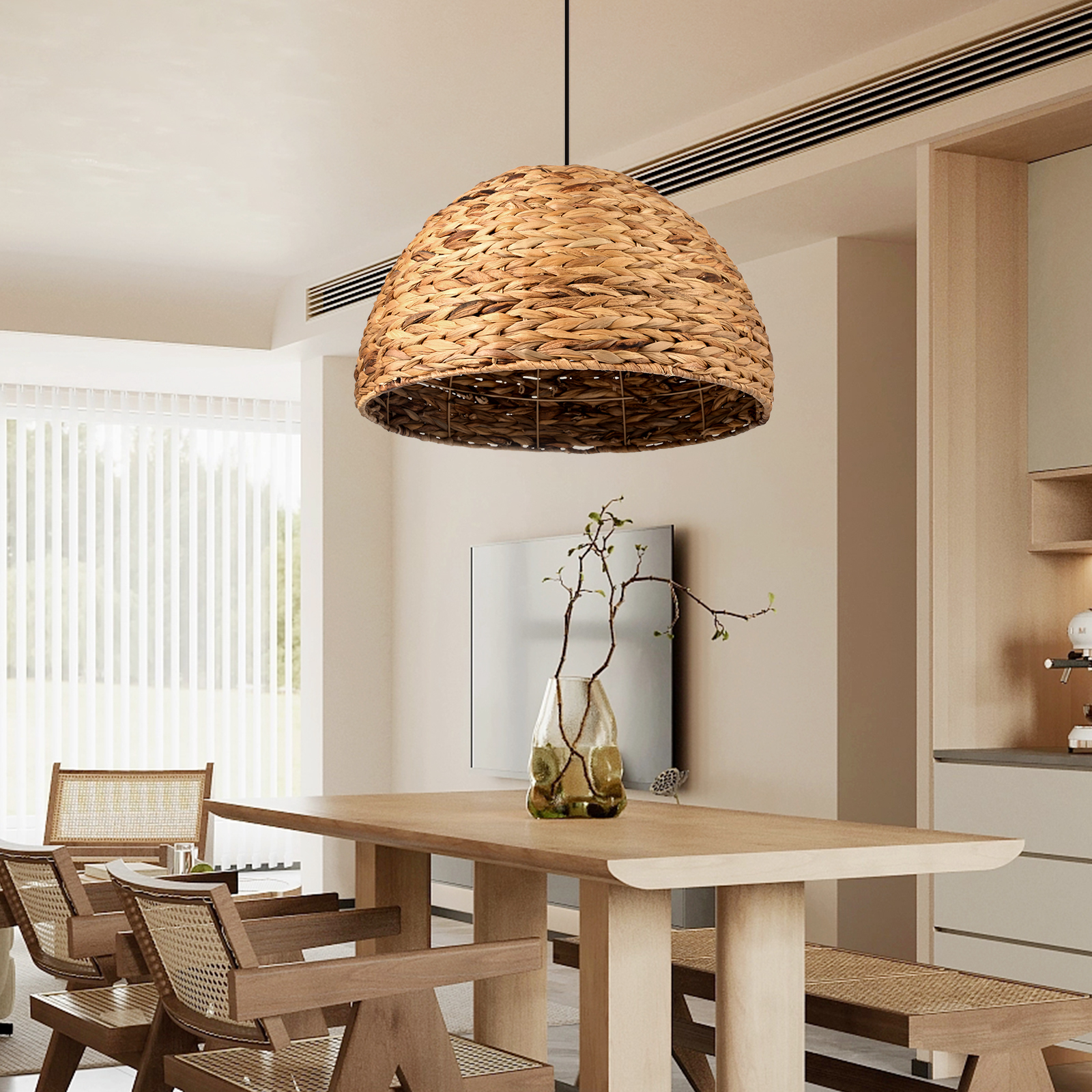 Zen Retro Semicircle Straw Rattan Basket Pendant Light Dining Room Hanging Lampshade-Handwovenlamp