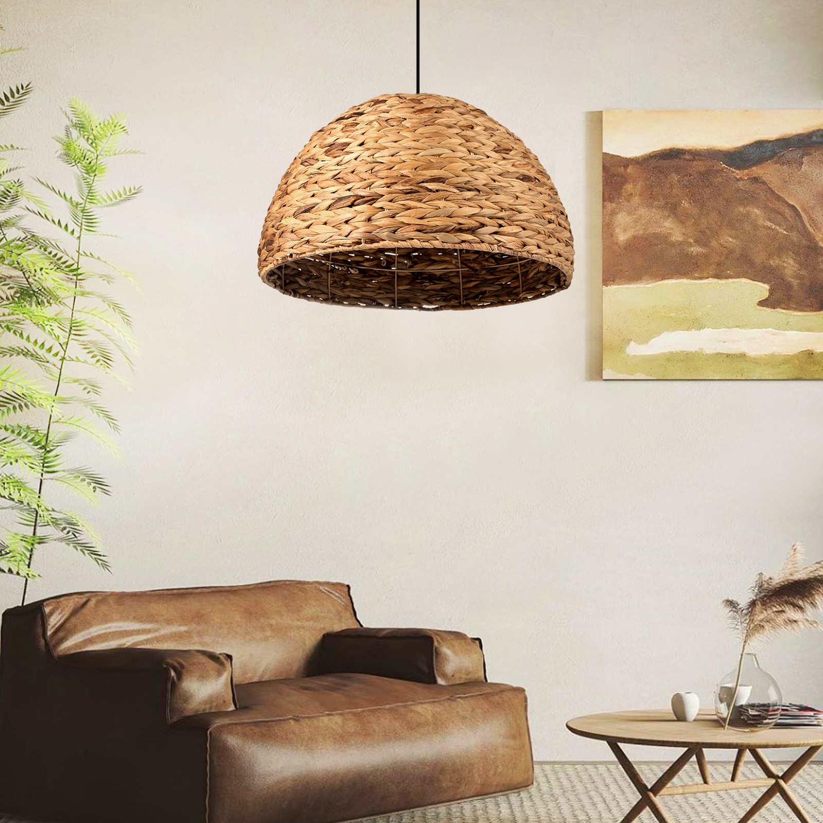 Zen Retro Semicircle Straw Rattan Basket Pendant Light Dining Room Hanging Lampshade-Handwovenlamp